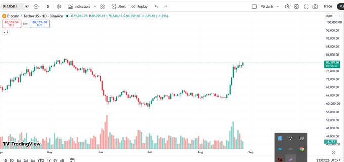A TradingView chart for BTCUSDT (Bitcoin/TetherUS) on Binance shows a daily candle chart with current price around $80,359.60, displaying market activity from May through August with notable price movements and volume bars.