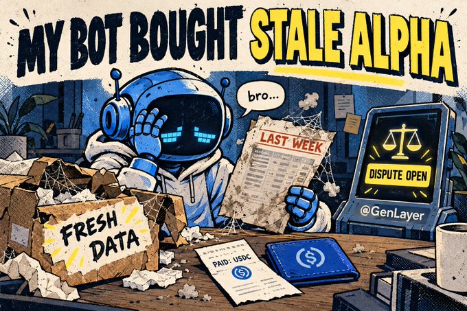 A cartoon illustration titled 'MY BOT BOUGHT STALE ALPHA' shows a distressed robot holding a newspaper dated 'LAST WEEK' next to a box labeled 'FRESH DATA', with a 'DISPUTE OPEN' screen and @GenLayer watermark visible.
