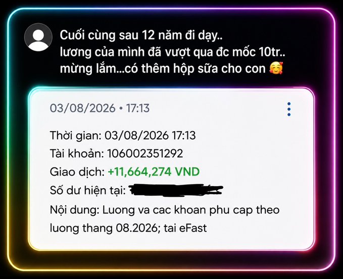 Vietnamese social media post showing a bank transaction screenshot for +11,664,274 VND, with text celebrating finally exceeding the 10 million salary milestone after 12 years.