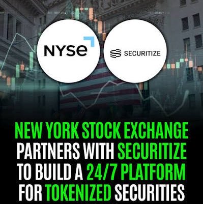 The image is a promotional graphic announcing the partnership between the **New York Stock Exchange (NYSE)** and **Securitize** to build a 24/7 platform for tokenized securities, featuring their logos against a background of stock charts and the NYSE building. The accompanying post highlights Securitize's shareholder approval for its NYSE listing under the ticker **$SECZ** and notes the record $31.6B in tokenized real-world assets (RWA) on-chain, tying the image's partnership announcement to Securitize's milestone and the broader growth of tokenized securities.