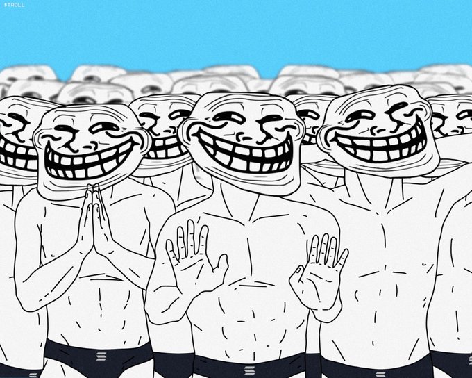 A crowd of shirtless trollface meme characters with exaggerated grins stand together against a blue sky, with one figure raising both hands in a gesture of gratitude, visually embodying the overwhelming community support described in the post about the $TROLL token.