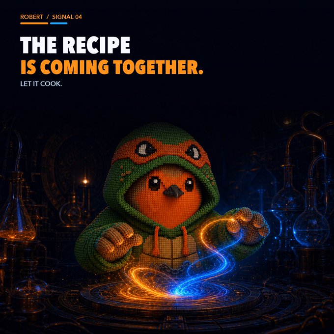 A dark, mystical poster featuring an animated bird character in a green hoodie casting orange and blue magic spells, labeled 'ROBERT / SIGNAL 04' with the text 'THE RECIPE IS COMING TOGETHER. LET IT COOK.'