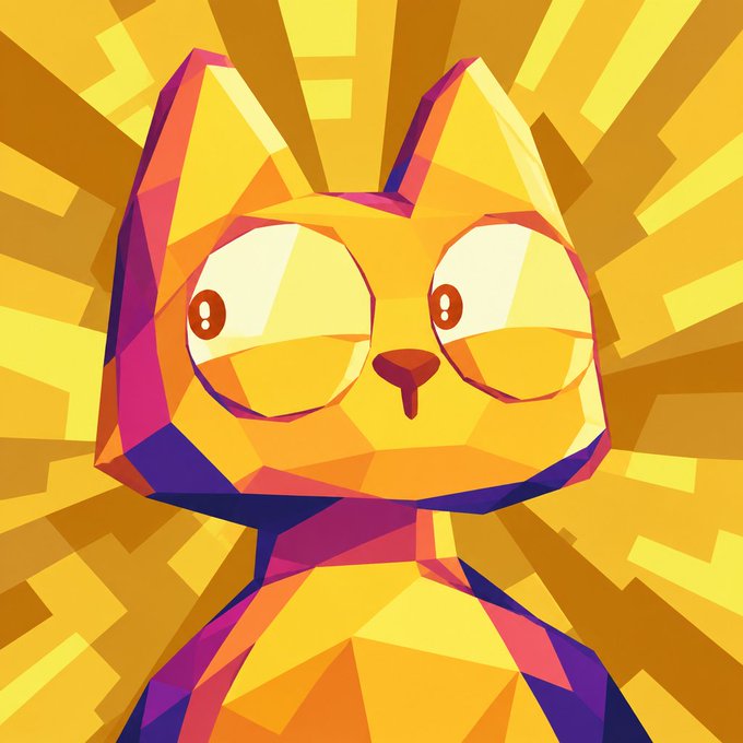 A low-poly digital illustration of an orange and yellow cat character with large, expressive eyes set against a radiating yellow geometric background.