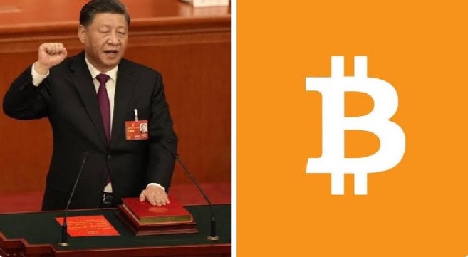 The image shows Xi Jinping on the left and the Bitcoin logo on the right, suggesting a connection between China's leader and the cryptocurrency due to Hong Kong's pro-crypto stance and tax advantages.