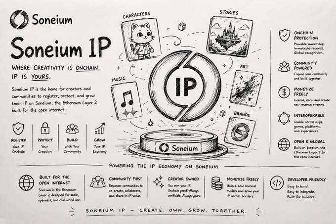An infographic for 'Soneium IP' explaining the platform where 'creativity is onchain,' featuring illustrations of characters, stories, art, music, and brands, with the tagline 'POWERING THE IP ECONOMY ON SONEIUM.'