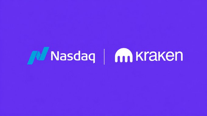 A purple promotional graphic displaying the Nasdaq and Kraken logos side by side, separated by a vertical line.
