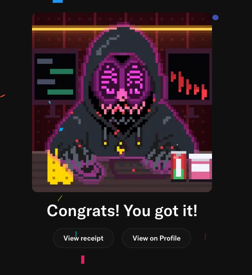 A pixel art illustration shows a hooded figure with a purple skull mask at a laptop, surrounded by a wedge of cheese, a candle, and what appears to be a drink, displayed above the text "Congrats! You got it!" with buttons to "View receipt" and "View on Profile." The image appears to be a celebratory notification for the user's new "GM" avatar (#4189) from the Tradooor NFT community, celebrating their successful purchase.