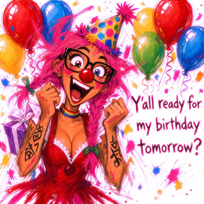 A vibrant, party-themed cartoon image shows a wild-haired woman wearing a party hat, glasses, and a red clown nose, surrounded by colorful balloons and confetti, with a wrapped gift at her side. The handwritten text reads "Y'all ready for my birthday tomorrow?" — playfully mirroring the energetic, hyped tone of the NFT mint announcement post.