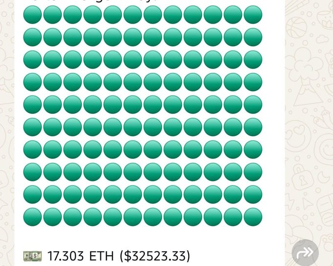 The image shows an arrangement of 100 teal marbles alongside the text "17.303 ETH ($32523.33)," visually representing the $32,000 whale's buy-in amount referenced in the post about a suspicious developer and a brief pump-and-dump on an ETH-based token.