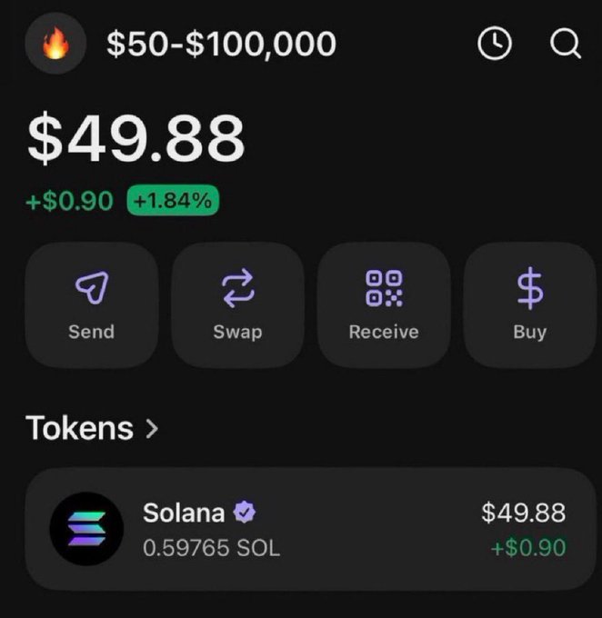 The image shows a crypto wallet displaying a starting balance of $49.88 in Solana (0.59765 SOL), with a +$0.90 (+1.84%) gain, marking the launch of the "$50 → $100,000" challenge announced in the post.