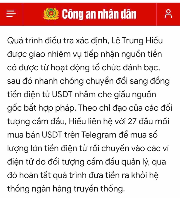 A Vietnamese news article from 'Công an nhân dân' about a money laundering investigation involving Le Trung Hieu and USDT cryptocurrency.