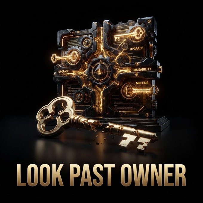 A digital graphic featuring an ornate golden treasure chest with keys, displaying labels "UPGRADE", "PAUSABILITY", and "MINTING" with text at the bottom reading "LOOK PAST OWNER".