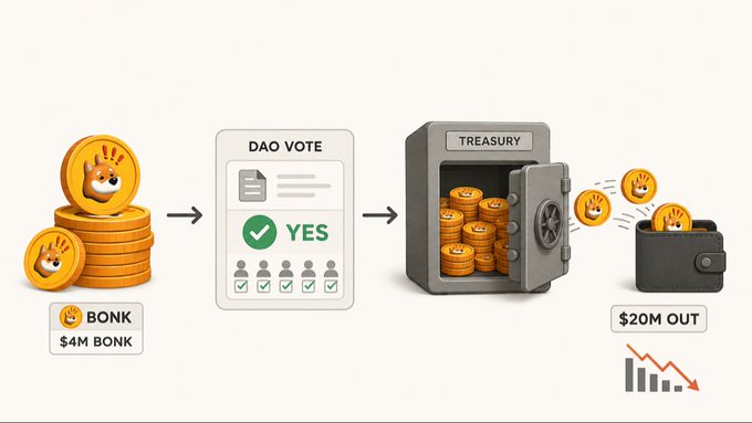 An infographic showing BONK cryptocurrency with $4M labeled, a DAO vote resulting in YES, and a treasury releasing $20M OUT, with a downward trending chart.
