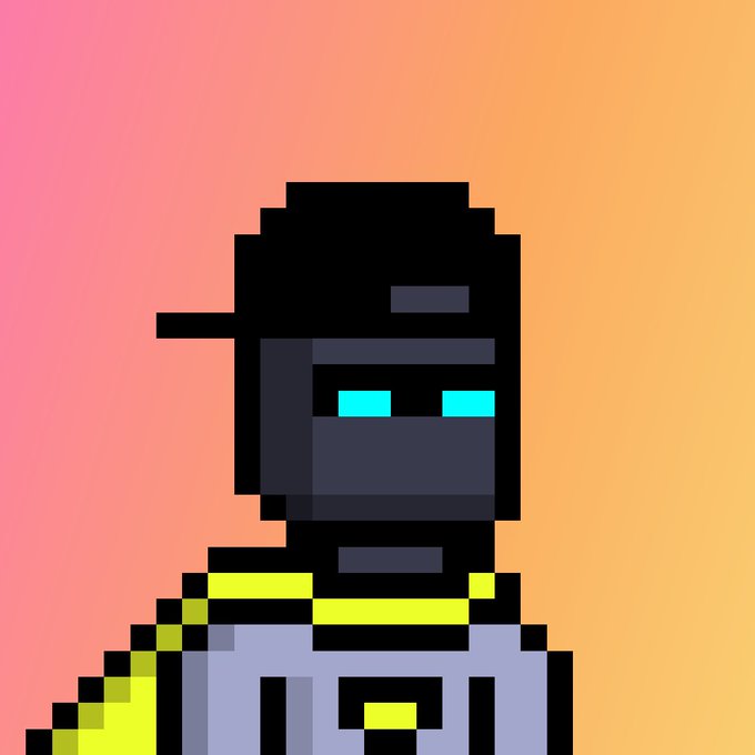 A pixel art character with a black helmet/hood featuring glowing cyan eyes and a neon yellow-green accent, set against a pink-to-orange gradient background.