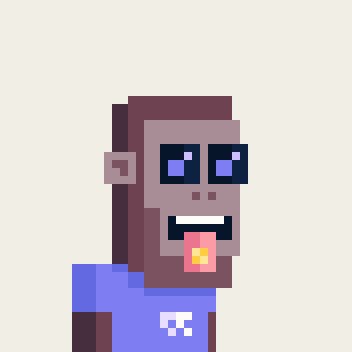 A pixel art illustration of a zombie-like character with purple eyes, a protruding pink tongue, wearing a blue shirt with a small white design.