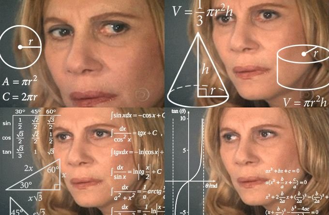 A collage of four photos features a woman's face, a math problem, and a geometric shape, with the woman's expression changing from confusion to understanding.