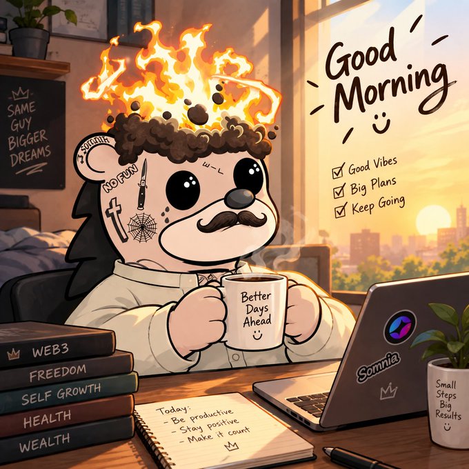A cartoon hedgehog character with a flaming head and facial tattoos sits at a desk holding a 'Better Days Ahead' mug, surrounded by books labeled 'WEB3', 'FREEDOM', 'SELF GROWTH', 'HEALTH', and 'WEALTH', with a 'Good Morning' checklist beside a laptop showing the 'Somnia' logo.