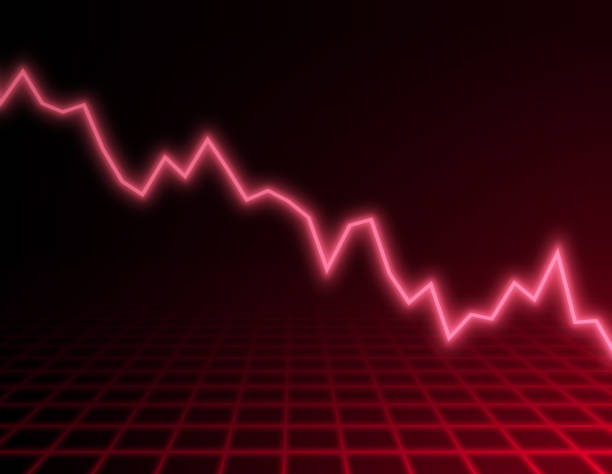 A stylized, glowing red line chart on a dark background with a grid pattern shows a sharp, jagged downward trend.