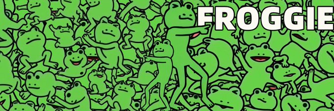 A cartoon illustration shows a central green frog character surrounded by a crowd of similar frogs in various poses, with the bold white text "FROGGIE" displayed in the upper right, visually branding the meme coin being discussed in the post about its recent price surge on the BNB chain.
