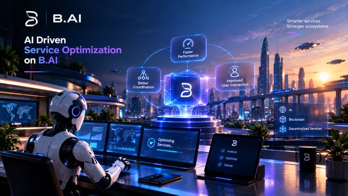 A futuristic promotional graphic for 'B.AI' featuring an AI robot, text reading 'AI Driven Service Optimization on B.AI', and feature icons for Faster Performance, Improved User Interaction, and Better Coordination.