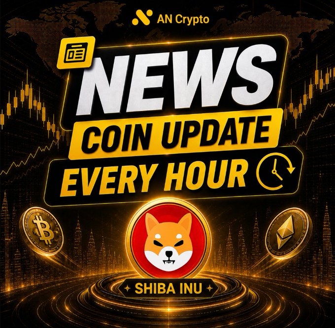A promotional graphic for 'AN Crypto' advertises 'NEWS COIN UPDATE EVERY HOUR' with imagery of a Shiba Inu coin, Bitcoin, Ethereum, and candlestick charts.