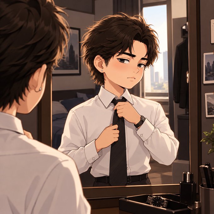 An anime-style illustration shows a young man in a white dress shirt and dark tie adjusting his tie while looking into a mirror in a bedroom.