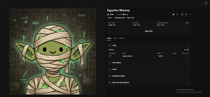 An NFT collection interface showing 'Egyptian Mummy', an artwork of a mummy-wrapped figure with glowing green details, displayed alongside metadata like 'Created by', 'Last Sale', and 'Collection Floor'.