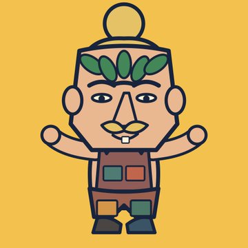 A cartoon-style illustration of a character with green leafy eyebrows, a top knot, and a yellow mustache, set against a yellow background.