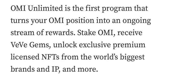The image displays promotional text for "OMI Unlimited," the first program that allows users to stake OMI tokens to receive ongoing rewards, including VeVe Gems and access to exclusive premium licensed NFTs from major brands and intellectual property. The post highlights that $OMI could have a promising future if @veve_official and @ecomi_ execute well, aligning with the image's message about OMI Unlimited being a promising program for token holders.