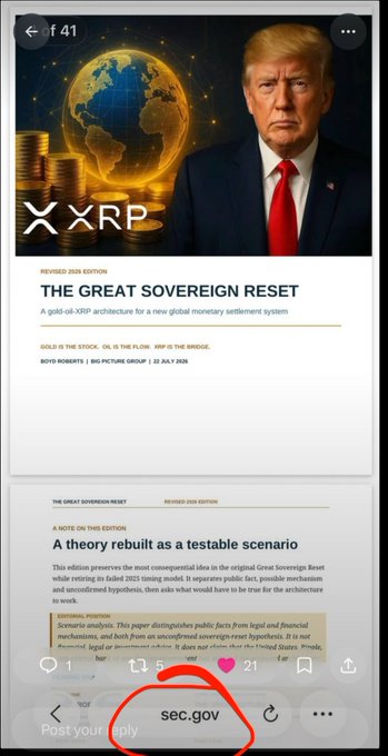 A screenshot of an Instagram-style post shows a book cover titled "THE GREAT SOVEREIGN RESET" with an illustration of Donald Trump beside a glowing gold globe, marked with the $XRP ticker and labeled "REVISED 2026 EDITION," "A gold-oil-XRP architecture for a new global monetary settlement system," and the phrase "GOLD IS THE STOCK. OIL IS THE FLOW. XRP IS THE BRIDGE," while a red circle at the bottom highlights "sec.gov," suggesting the document is hosted on the SEC's website.