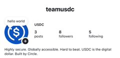 The image shows a profile page for "teamusdc" with 3 posts, 8 followers, and 5 following, featuring the USDC logo and a bio about being highly secure and globally accessible. The caption welcomes the team and reflects the professional, community-oriented tone of the profile.