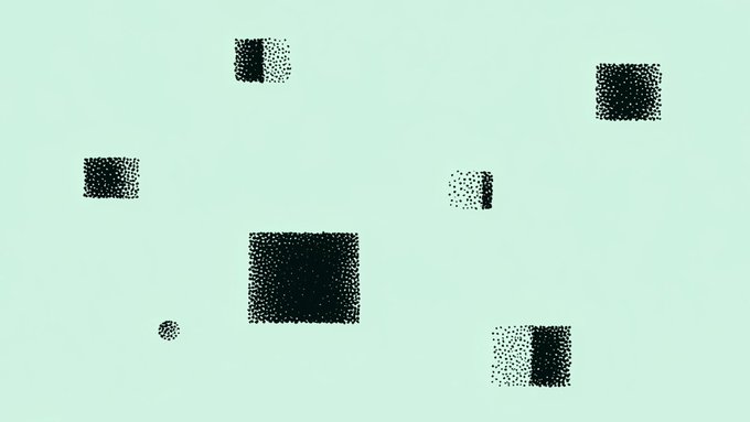 An abstract digital art piece featuring scattered, stippled black squares of varying sizes against a pale mint green background.