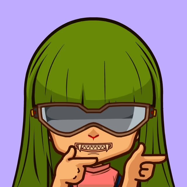 A cartoon illustration of a green-haired character wearing large ski goggles and braces, showing off their teeth with both hands.
