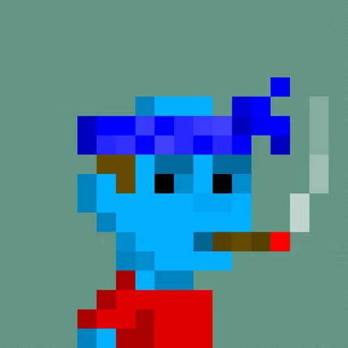 A pixel art illustration of a blue-skinned character wearing a red shirt and a dark blue hat, smoking a cigarette against a teal background.