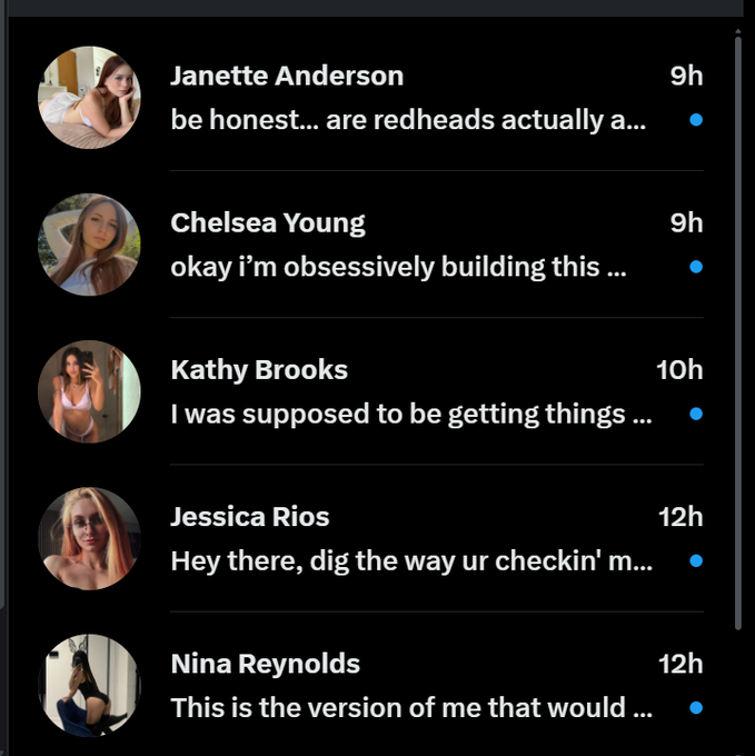 A dating app notification list showing profile previews and messages from users named Janette Anderson, Chelsea Young, Kathy Brooks, Jessica Rios, and Nina Reynolds.