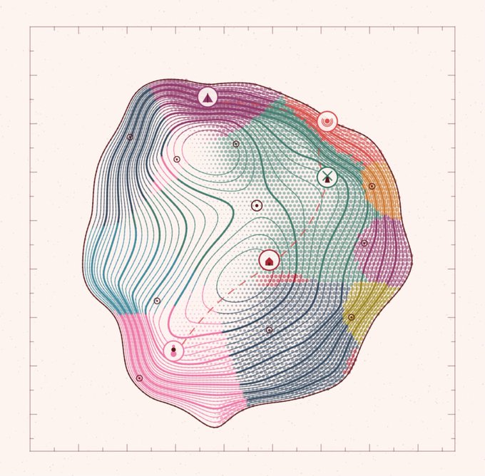 An abstract, colorful topographic-style map with contour lines and various small icons scattered across it, enclosed within a bounding box.