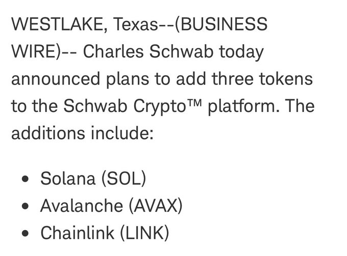 A press release from Charles Schwab announcing plans to add Solana (SOL), Avalanche (AVAX), and Chainlink (LINK) to its Schwab Crypto™ platform, directly supporting the post's note about the firm expanding direct access to spot crypto trading beyond bitcoin and ether.