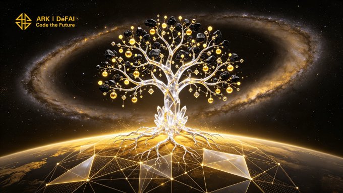 A glowing digital tree with golden roots spreads across a futuristic Earth beneath a swirling galaxy, with the "ARK | DeFAI – Code the Future" logo in the upper-left corner, visually symbolizing the growth and expansion of the ARK ecosystem highlighted in the post.
