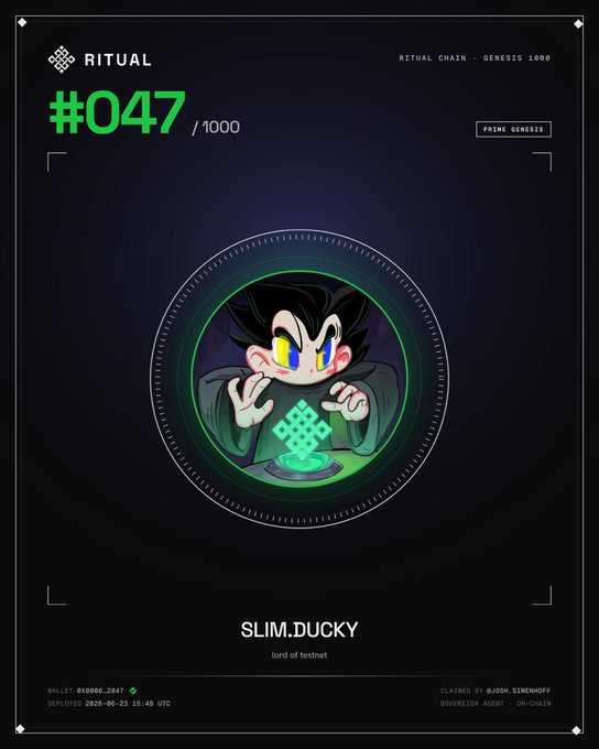 The image showcases a "Ritual Chain Genesis 1000" NFT card (#047/1000) titled "SLIM.DUCKY - lord of testnet," featuring a cartoon character performing a ritual over a glowing green symbol. The card aligns with the post about early agent deployments on the Ritual Chain, representing one of the first 1000 genesis NFTs available to claim after syncing, with deployment recorded on 2025-08-28 by wallet 0x0000…2007.