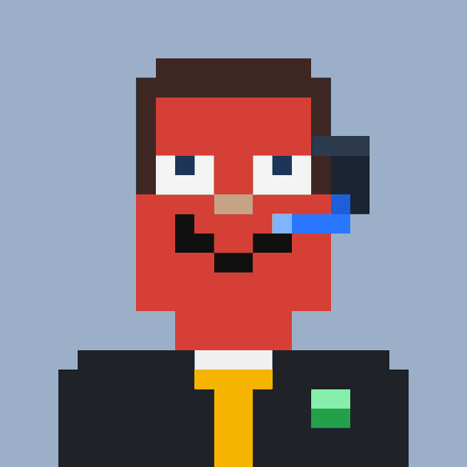 A pixel art illustration of a man with brown hair and a mustache, wearing a suit with a yellow tie and a green badge.