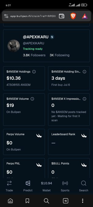 A Bullpen app mobile screenshot showing a profile for @APEXIKARU with 'Tracking ready' status, displaying ANSEM Holdings at $10.36, ANSEM Holding Since '3 days', ANSEM Volume of $19, and other trading metrics.