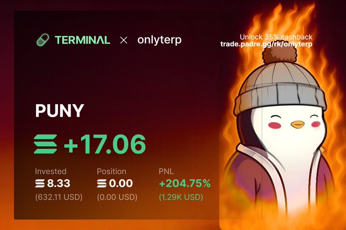 The image displays a Terminal trading portfolio featuring the token "PUNY" with a +17.06 gain, an investment of $632.11 USD yielding a +204.75% PNL ($1.29K USD), alongside a cartoon penguin wearing a beanie surrounded by flames—visually representing "Terp's" (onlyterp) hot trading comeback attempt after reportedly losing his previous $500K+ gains. The promotional banner offers 35% cashback via trade.padre.gg/rk/onlyterp, encouraging followers to join his trading journey.