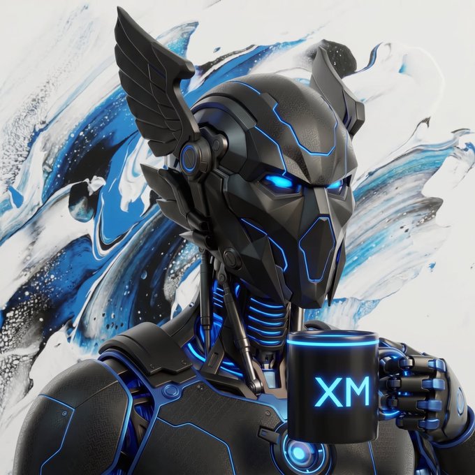 A futuristic robot character with wings and glowing blue accents holding a black mug labeled 'XM', set against a blue and white splashing background.
