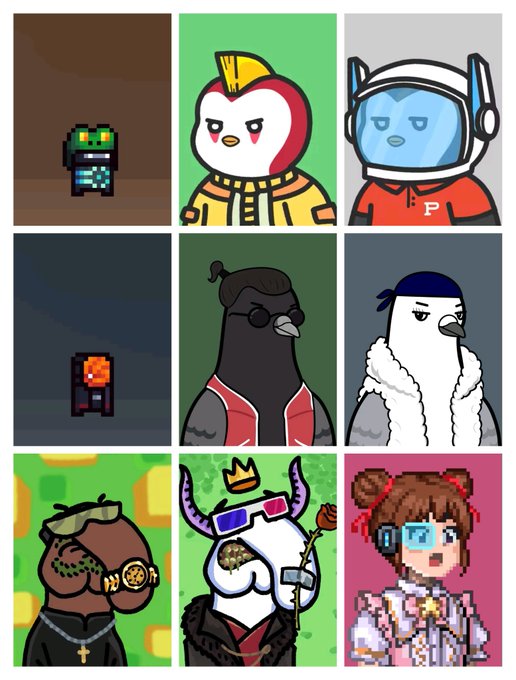 A 3x3 grid showcases stylized NFT artwork featuring pixel-art characters, anthropomorphic birds, and pixelated figures, representing five different NFT collections: Ninji Collective, P3NGS, Golubiro, Pixona, and MansChads. The collage visually celebrates the diversity and ongoing activity within the NFT space, countering claims that NFTs are "dead."