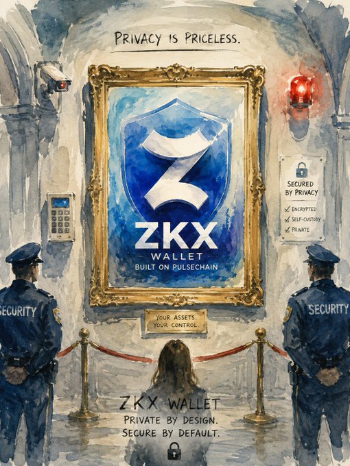 A watercolor-style illustration promoting 'ZKKX WALLET - Built on PulseChain' with the tagline 'Privacy is Priceless,' showing a framed blue Z logo flanked by two security guards, with text reading 'ZKKX Wallet - Private by design. Secure by default.'