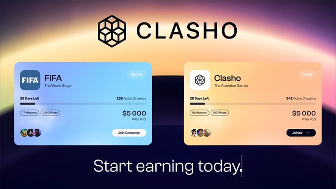 A promotional graphic for Clasho featuring two campaign cards: FIFA 'The World Stage' and Clasho 'The Attention Games,' both offering a $5,000 prize pool.