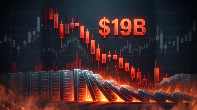 A dramatic financial graphic showing a stock market crash with red candlestick charts, falling dominoes, flames, and the text '$19B'.