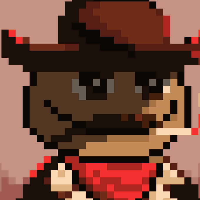 A pixel art sprite of a character wearing a brown wide-brimmed hat and red clothing against a pink background, appearing as a 2D game character design.
