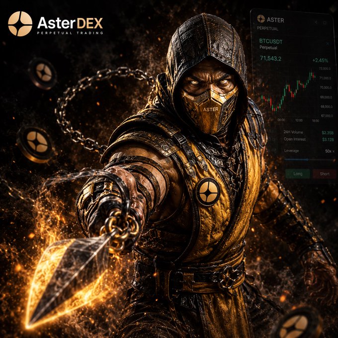 AsterDEX promotional graphic for perpetual trading, showing a masked ninja warrior wielding a glowing weapon, with BTCUSDT trading data (+2.45%) displayed on the right.