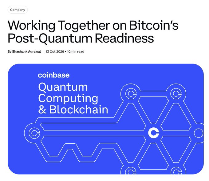 A Coinbase blog post titled "Working Together on Bitcoin's Post-Quantum Readiness" by Shashank Agrawal, featuring a graphic with the text "Coinbase Quantum Computing & Blockchain" alongside a geometric honeycomb design representing blockchain security against quantum threats.